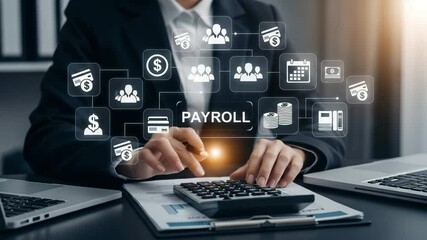 Poster - Person calculating payroll with calculator and laptop surrounded by payroll related icons