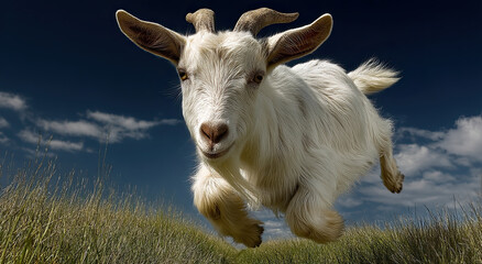 Poster - White Goat Leaping Over Grassy Hillside Against Blue Sky, Illustrating Agility and Animal Health in Agriculture and Farming