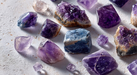 Leinwandbilder - Amethyst Crystals on White Surface, Symbolizing Healing, Spirituality, and Alternative Medicine for Wellness Products and Holistic Practices