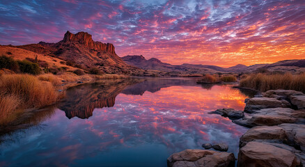 Aufkleber - Dramatic Desert Mountain Reflected in Calm Lake at Sunset, Showcasing Natural Beauty and Serene Escape For Travel and Tourism Campaigns