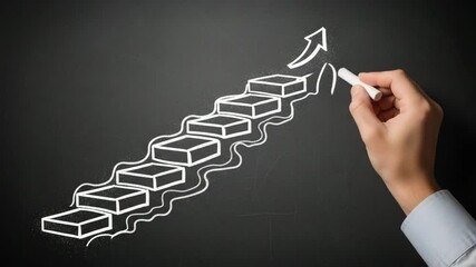 Poster - Hand drawing staircase with chalk on blackboard leading to upward arrow for business growth