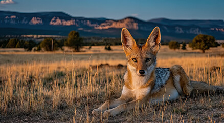 Aufkleber - Coyote Resting in Golden Grassland at Sunset, Representing Wildlife Conservation and Natural Beauty in Environmental Awareness Campaigns