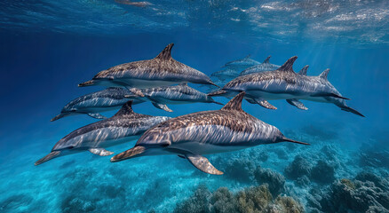 Aufkleber - Pod of Dolphins Swimming Underwater in Clear Blue Ocean, Symbolizing Marine Conservation and Ecotourism