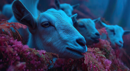 Poster - Close-Up of Goats Grazing on Pink Flora Under Blue Light, Symbolizing Animal Welfare and Sustainable Farming Practices