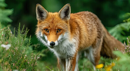 Aufkleber - Red Fox Standing in Lush Greenery, Representing Wildlife Conservation and Natural Beauty, Ideal for Environmental Awareness Campaigns and Educational Content