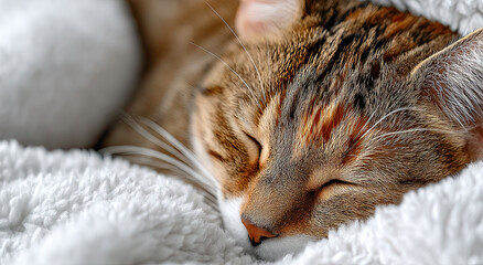 Aufkleber - Close-Up of a Sleeping Tabby Cat on a White Blanket, Representing Comfort and Pet Adoption
