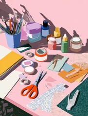 Poster - Creative DIY Crafts Table Featuring Colorful Supplies and Tools for Artistic Projects at Home