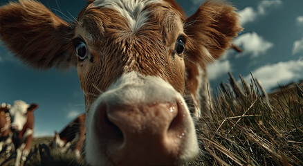 Poster - Close-Up of Curious Brown and White Cow in Pasture Under Blue Sky, Conveying Farm Freshness and Rural Sustainability, Ideal for Agriculture Marketing
