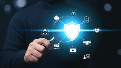 Poster - Person holding magnifying glass over shield with safety and health icons on dark background