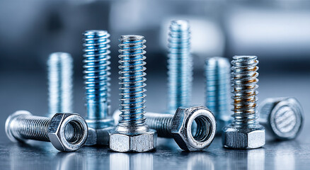 Aufkleber - Close-Up of Shiny Metal Bolts and Nuts on a Reflective Surface, Showcasing Precision Engineering and Industrial Strength
