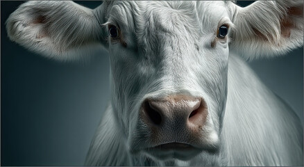 Poster - Close-Up of a White Cow Head on Dark Background, Symbolizing Agriculture and Dairy Farming Industry
