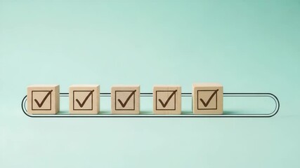 Poster - Hand placing a wooden block with a checkmark on a progress bar with other completed checkmarks