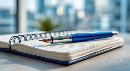 Aufkleber - Fountain Pen Resting on Open Notebook in Office Setting, Showcasing Creativity and Strategic Planning for Business Development and Investment Strategies