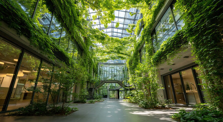 Poster - Botanical Garden Interior With Glass Roof and Vines, Representing Sustainable Architecture and Eco-Friendly Design for Urban Green Spaces