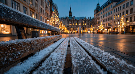 Aufkleber - Snowy Bench in European City Square at Dusk, Representing Winter Holiday Travel and Urban Exploration, Perfect for Christmas Season Marketing