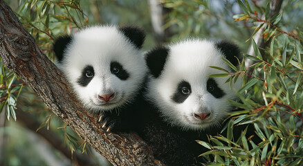 Poster - Two Adorable Panda Cubs Peeking Through Bamboo Leaves, Representing Endangered Species and Conservation Efforts for Wildlife Awareness Campaigns