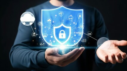 Poster - Person holding a glowing shield with padlock and icons representing digital security and data protection