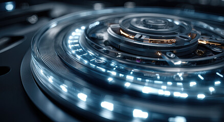 Fototapete - Close-Up of Futuristic Machine With Glowing Blue Lights, Representing Technological Advancement and Digital Transformation in Engineering and Manufacturing