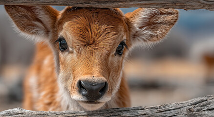 Poster - Close-Up of a Curious Calf Peeking Through a Wooden Fence, Representing Rural Charm and Agricultural Heritage, Perfect for Farm Animal Conservation Campaigns