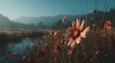 Aufkleber - Coreopsis Flowers Covered in Dew at Sunrise, Representing Natural Beauty and Environmental Awareness for Sustainable Living