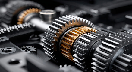 Aufkleber - Close-Up of Interlocking Gears in Silver and Gold, Symbolizing Precision Engineering and Mechanical Innovation for Industrial Solutions