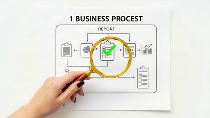 Poster - Hand holding magnifying glass over business process report with green check mark diagram on white