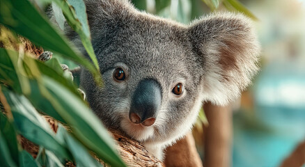 Poster - Cute Koala Bear Peeking Through Eucalyptus Leaves, Symbolizing Australian Wildlife Conservation and Environmental Awareness Campaign
