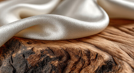 Poster - Close-Up of Silky White Fabric Draped Over Rustic Wood, Showcasing Luxury and Natural Texture for Product Presentation and Elegant Branding