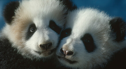 Poster - Close-Up of Two Adorable Baby Pandas Cuddling, Symbolizing Friendship and Conservation Efforts for Endangered Species, Perfect for Wildlife Campaigns