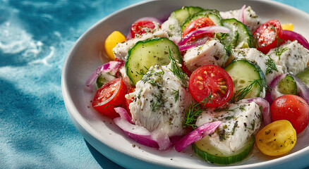 Poster - Fresh Summer Salad With Chicken, Tomatoes, Cucumber, and Red Onion on a White Plate, Ideal for Healthy Eating and Lifestyle Content