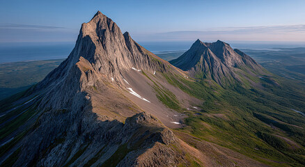 Poster - Aerial View of Jagged Mountain Peaks at Sunset, Inspiring Exploration and Outdoor Adventure Travel