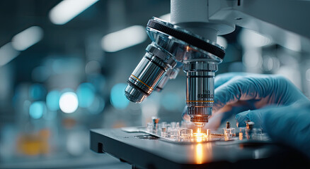 Poster - Scientist Using Microscope in Laboratory, Representing Scientific Discovery and Pharmaceutical Research for Medical Breakthroughs and Healthcare Innovation