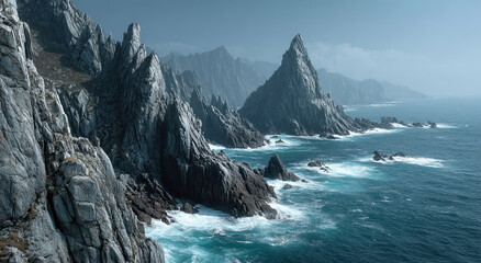 Poster - Dramatic Rocky Coastline With Crashing Waves Under a Misty Sky, Showcasing Nature's Power and Coastal Tourism