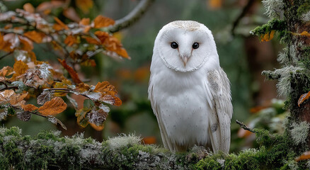 Poster - Majestic Barn Owl Perched on Mossy Branch in Autumn Forest, Symbolizing Wisdom and Environmental Awareness for Conservation Campaigns