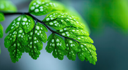 Poster - Fresh Green Fern Leaf with White Spots in Macro View, Symbolizing Natural Beauty and Sustainable Living, Ideal for Wellness and Environmental Awareness Campaigns