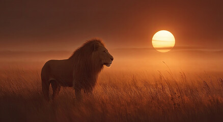 Poster - Lion Standing in Golden Grass at Sunset, Symbolizing Wildlife Conservation and Natural Beauty in Travel and Tourism Campaigns