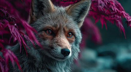 Poster - Close-Up of a Fox Face Framed by Purple Leaves, Evoking Wildlife Conservation and Autumnal Beauty for Nature Photography