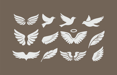 Poster - Collection of White Wing and Bird Silhouettes on a Brown Background Representing Freedom Spirituality and Angelic Imagery for Design Projects