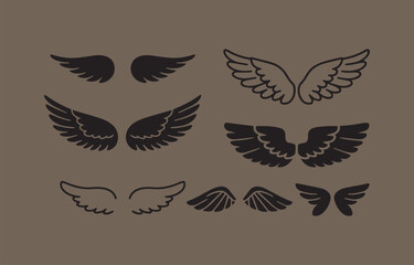 Poster - Collection of Six Stylized Wing Illustrations in Black on a Brown Background Ideal for Tattoo Designs and Vector Graphics