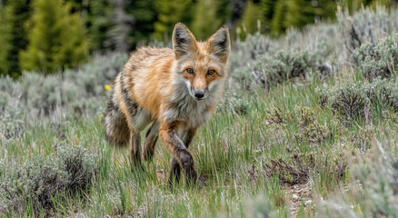 Aufkleber - Red Fox Walking Through Grassy Meadow, Showcasing Wildlife Conservation and Natural Beauty in the Wilderness