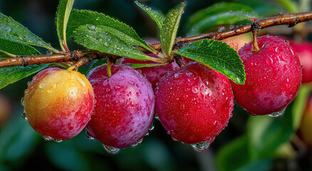 Poster - Fresh Plums on a Branch With Water Droplets, Symbolizing Healthy Eating and Natural Beauty for Food Bloggers and Organic Product Promotions