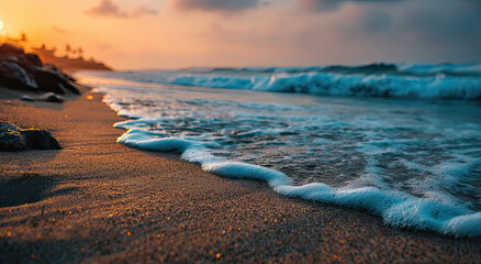 Aufkleber - Ocean Waves Gently Washing Ashore at Sunset, Evoking Coastal Tranquility and Summer Vacation Vibes