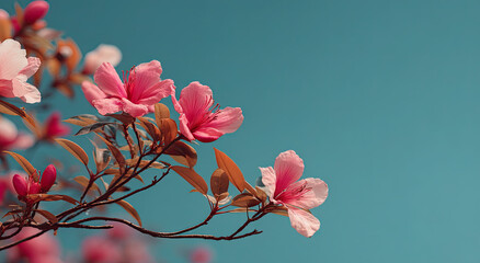 Poster - Pink Azalea Blossoms Against Blue Sky, Symbolizing Springtime Renewal and Floral Beauty for Mother's Day Cards