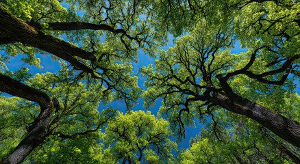 Fototapete - Looking Up at Tree Canopy Against Blue Sky, Representing Nature's Beauty and Environmental Awareness for Conservation Efforts and Outdoor Adventure