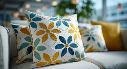 Poster - Floral Pillows on a White Couch in a Bright Room, Showcasing Interior Design and Home Decor Ideas for Relaxation and Comfort