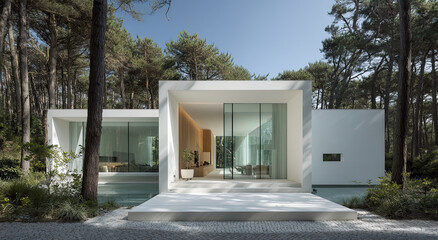 Fototapete - Modern White Villa in Forest Setting with Reflective Pool, Showcasing Architectural Innovation and Sustainable Living for Real Estate Marketing