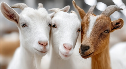 Poster - Close-Up of Three Goats with Different Colors, Representing Animal Diversity and Farm Animal Husbandry