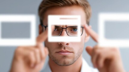 Poster - Caucasian man with glasses holding head with fingers. Thoughtful businessman with problem in concept of analysis. Business vision footage.