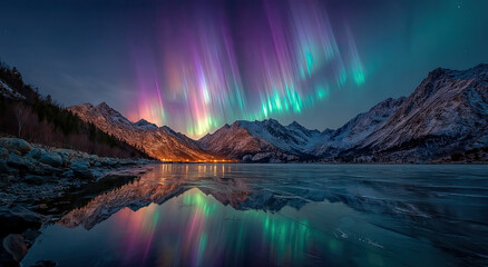 Poster - Northern Lights Over Frozen Lake and Mountains at Night, Inspiring Adventure and Ecotourism Travel Destinations, Perfect for Nature Photography