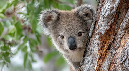 Poster - Adorable Koala Peeking From Behind a Tree Trunk, Embodying Wildlife Conservation and Environmental Awareness in Natural Habitat